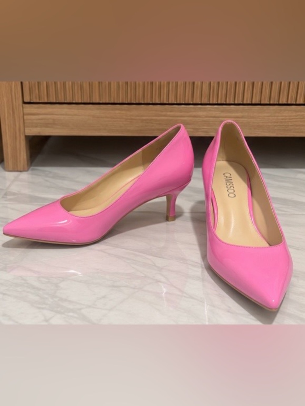 CAMSSOO Pink Patent Pointed Toe Kitten Heels – Size 36